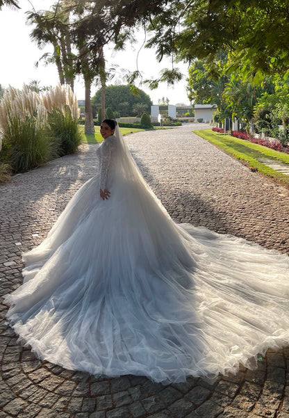 Embroidered Ball Gown Wedding Dress with Long Sleeves