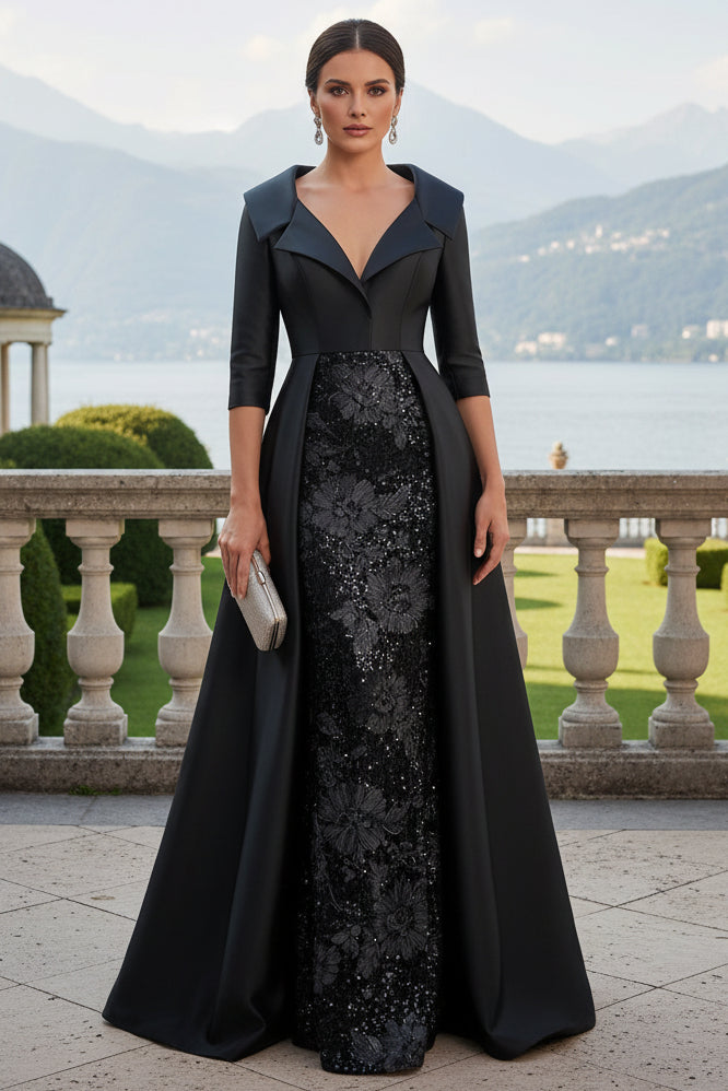Collared Satin Evening Gown with Sequin Skirt
