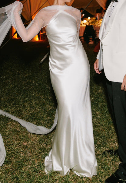 Satin Slip Wedding Dress with Sheer Cape Sleeves