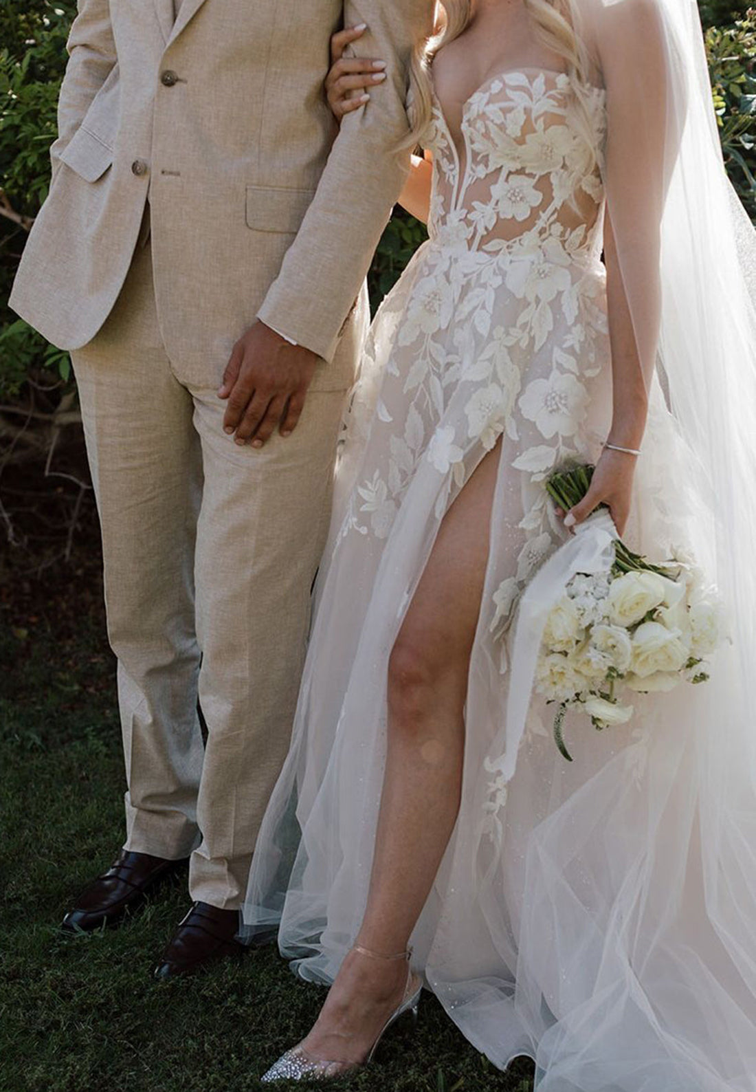 Strapless Floral Lace A-Line Wedding Dress with Slit