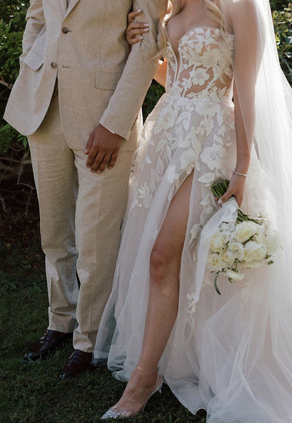 Strapless Floral Lace A-Line Wedding Dress with Slit