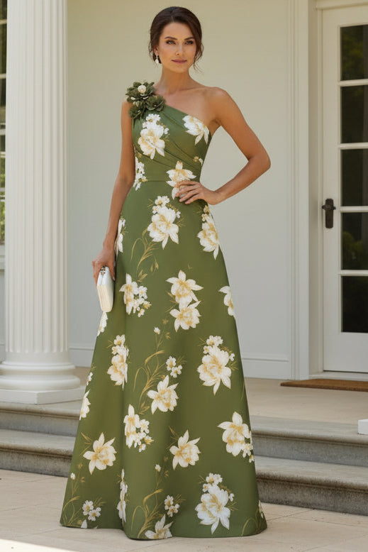 One-Shoulder Floral Print A-Line Evening Gown