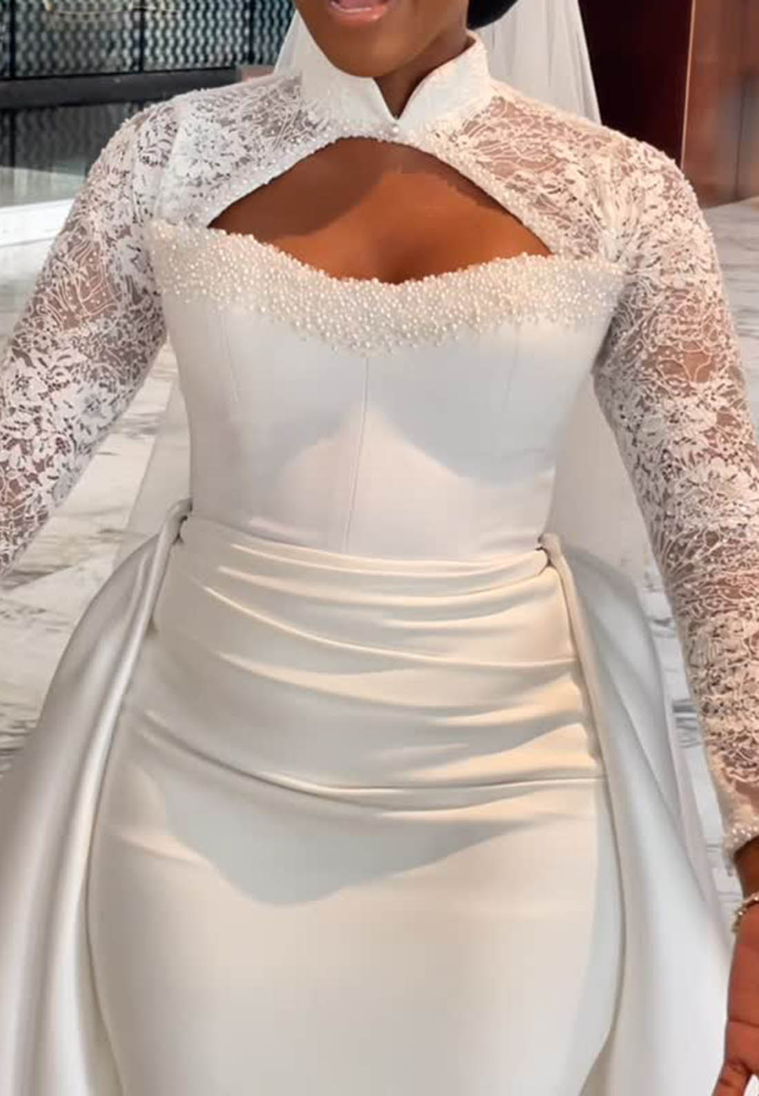 High Neck Lace Long Sleeve Wedding Dress with Overskirt