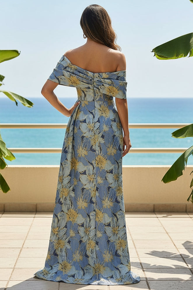 Off-The-Shoulder Floral Jacquard Evening Gown