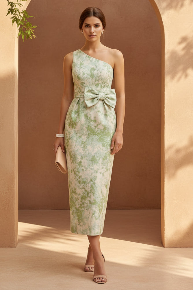 One-Shoulder Jacquard Midi Dress with Waist Bow