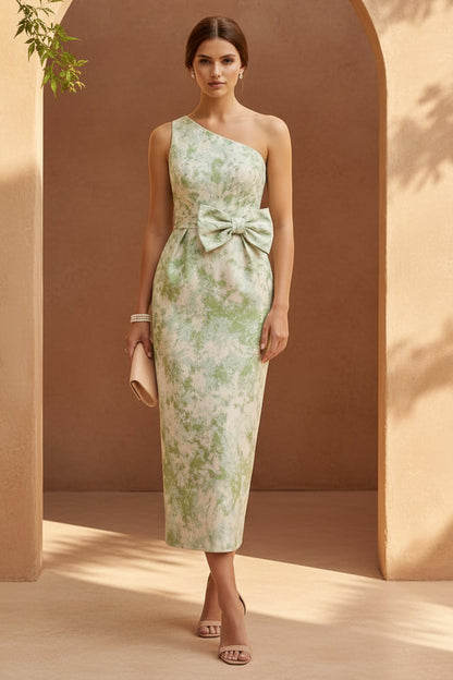 One-Shoulder Jacquard Midi Dress with Waist Bow