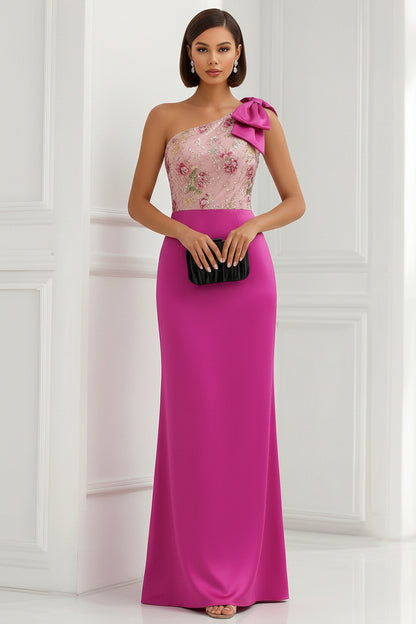 One-Shoulder Floral Embroidered Satin Evening Gown