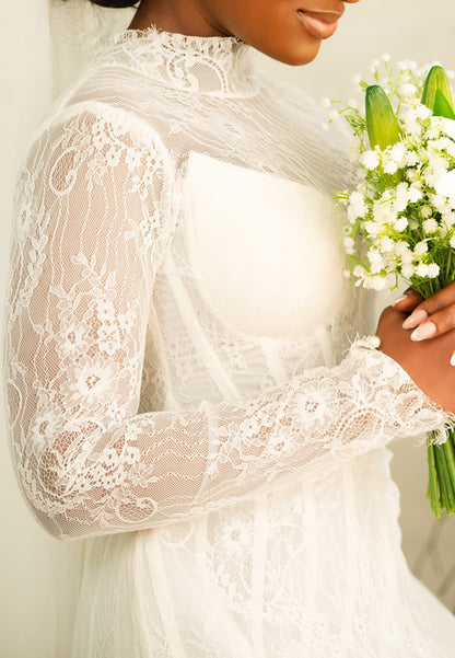 High Neck Lace Mini Wedding Dress with Corset Bodice