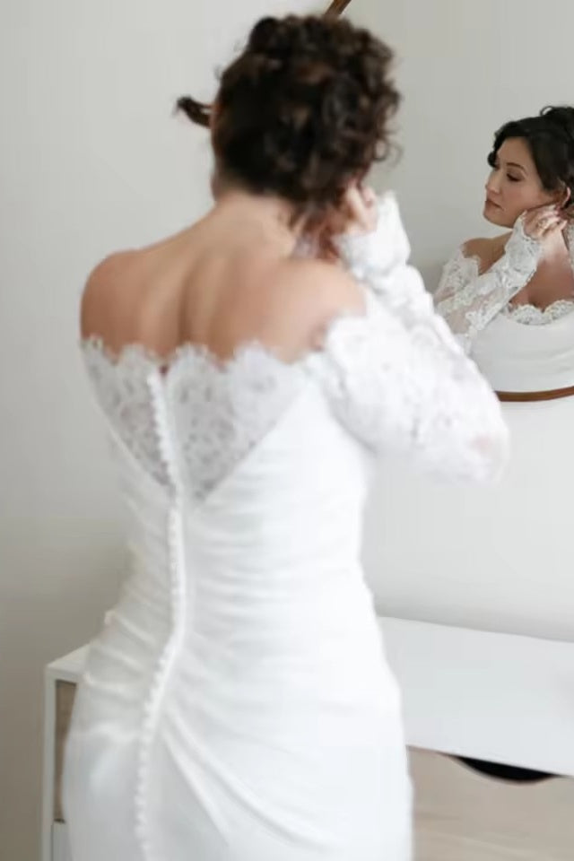 Off-the-Shoulder Lace Sleeve Gown with Slit