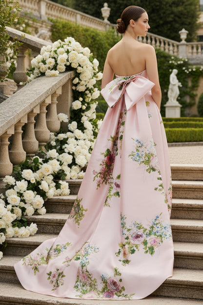 Strapless Floral Print Column Gown with Back Bow