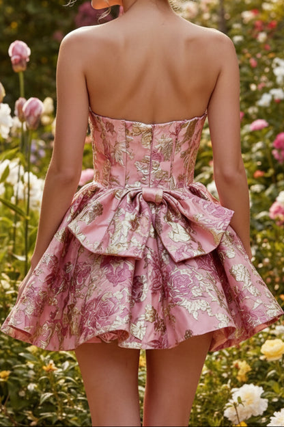 Strapless Jacquard Corset Mini Dress with Back Bow
