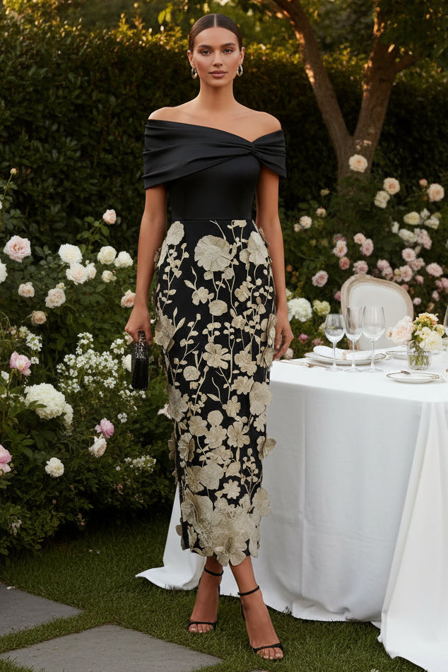 Off-Shoulder Floral Applique Midi Dress