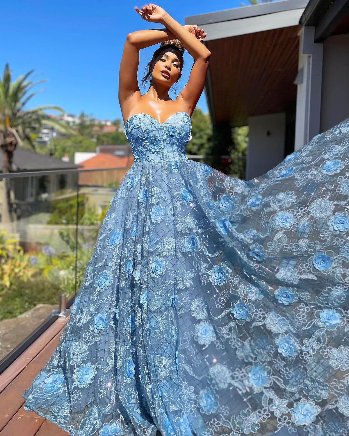 Strapless 3D Floral Ball Gown with Lace-Up Back