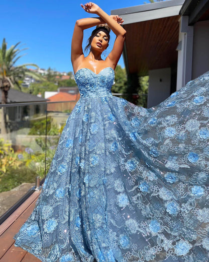 Strapless 3D Floral Ball Gown with Lace-Up Back