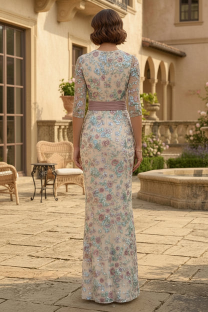 Floral Sequin Illusion Sleeve Column Gown