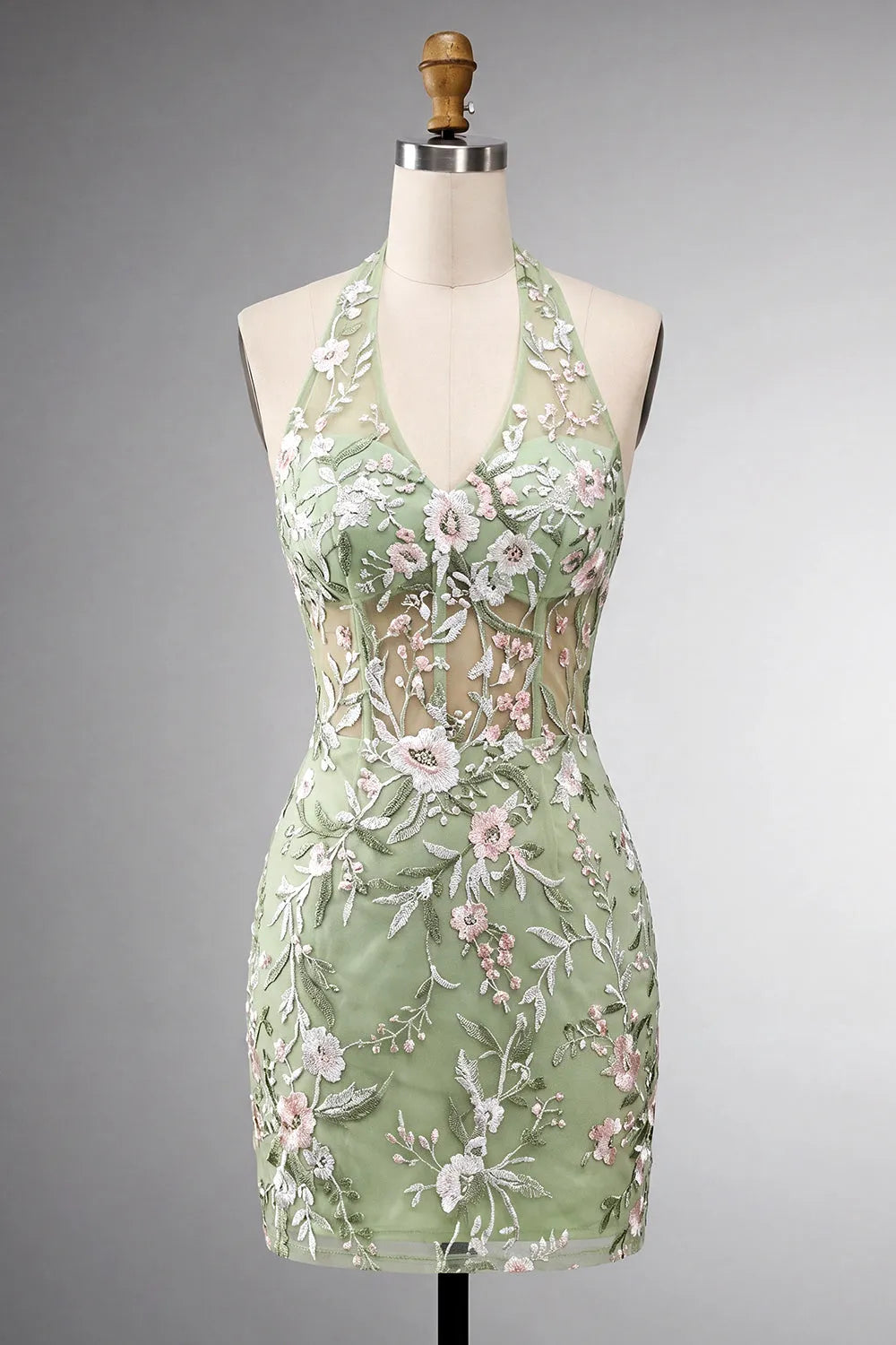 Floral Embroidered Halter Corset Mini Dress