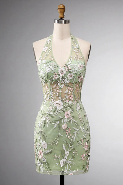 Floral Embroidered Halter Corset Mini Dress
