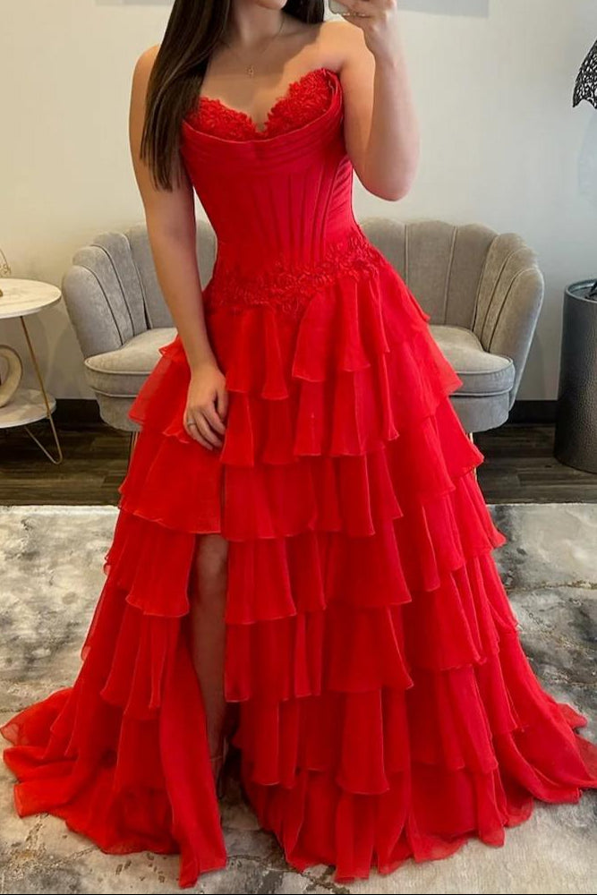 Strapless Tiered Gown with Corset Bodice and Slit