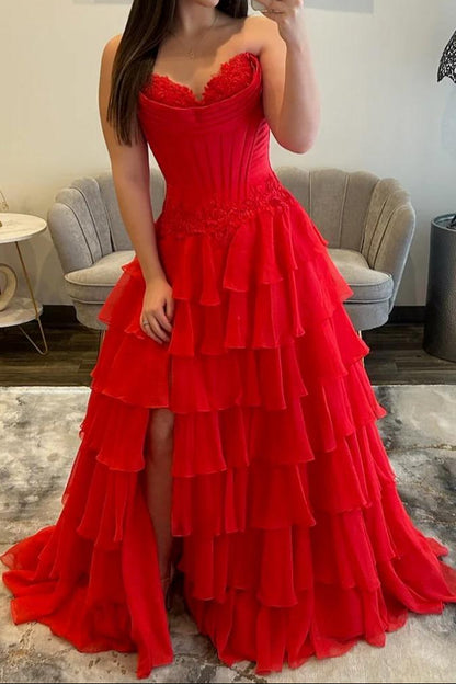 Strapless Tiered Gown with Corset Bodice and Slit