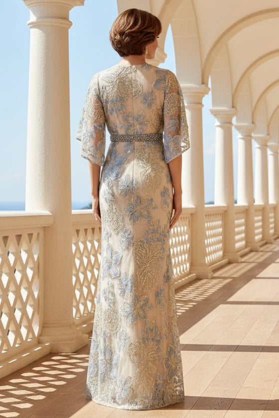 V-Neck Floral Embroidered Gown with Flutter Sleeves