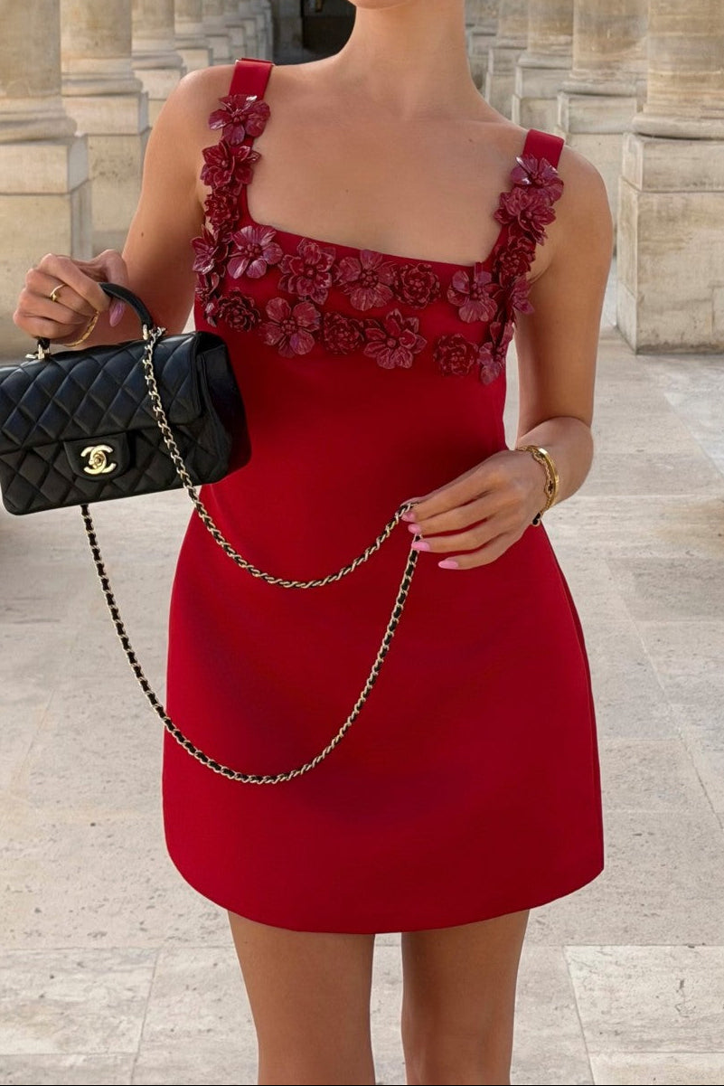 3D Floral Applique Square Neck Mini Dress