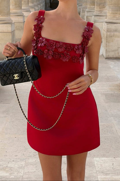 3D Floral Applique Square Neck Mini Dress