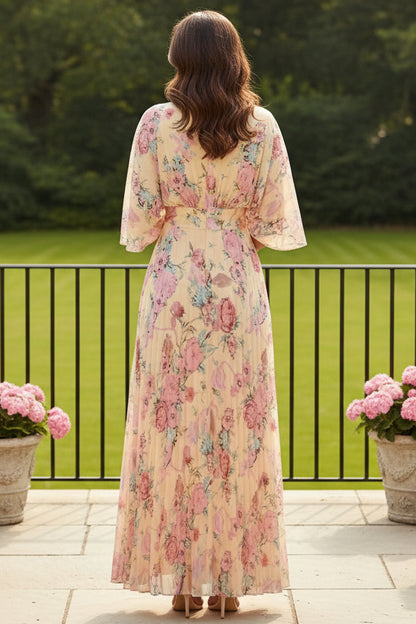 Floral Print V-Neck Flutter Sleeve Maxi Dress
