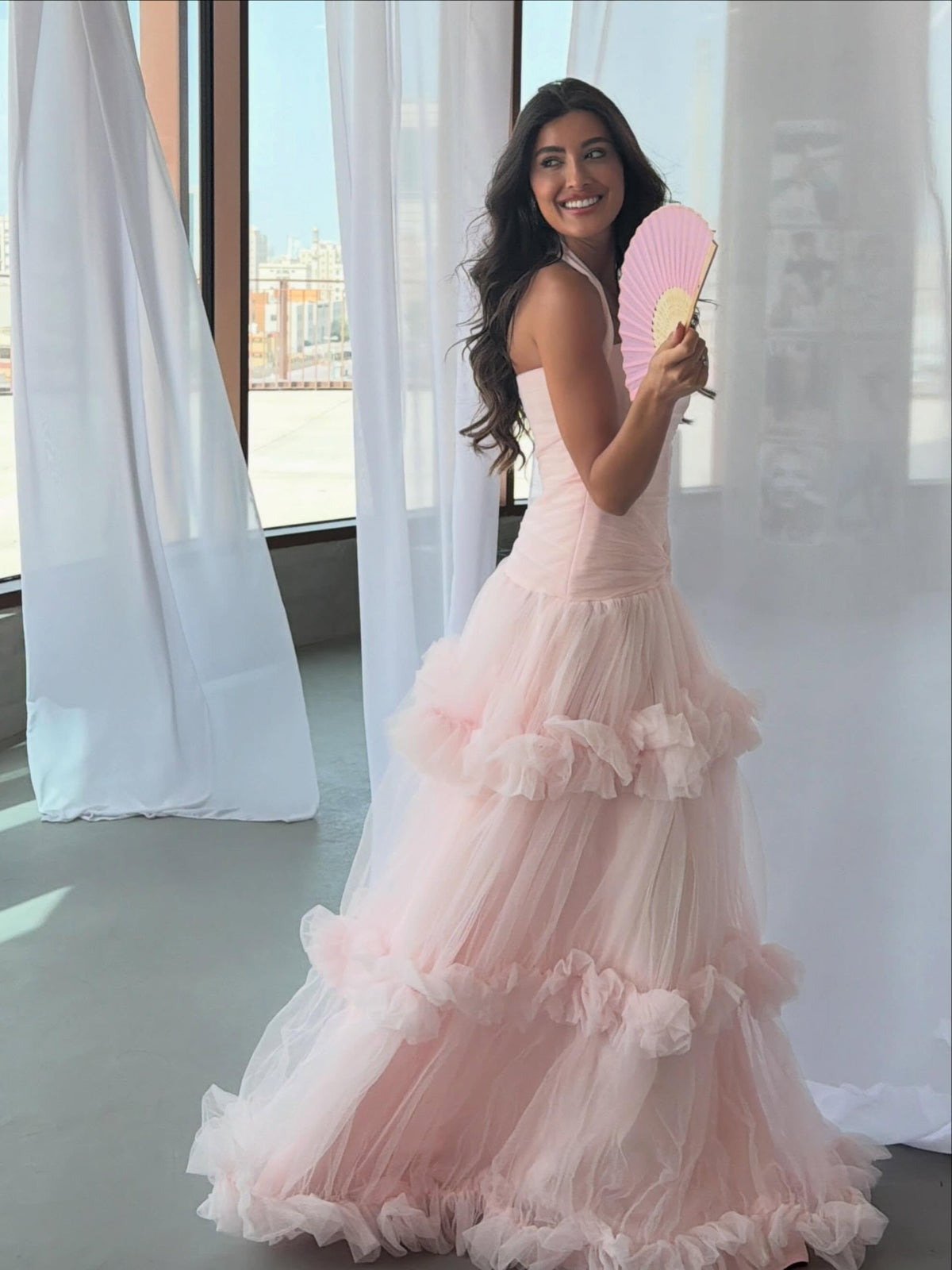 Ruched Halter Tiered Ruffle Tulle Gown