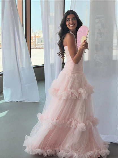 Ruched Halter Tiered Ruffle Tulle Gown