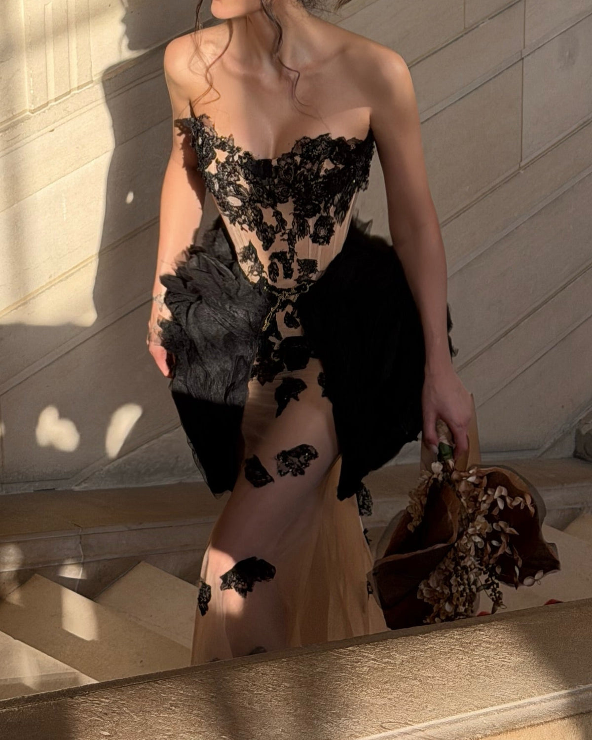 Strapless Corset Gown with Peplum Ruffle