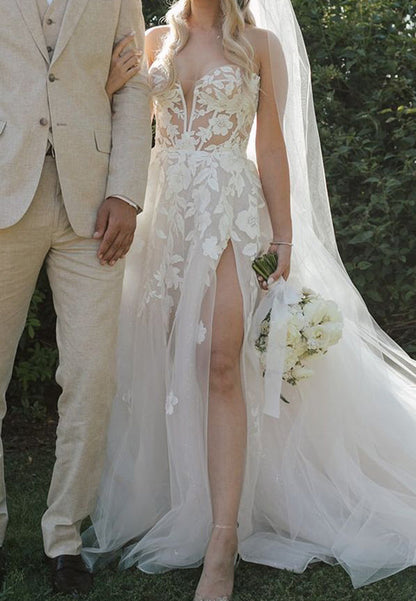Strapless Floral Lace A-Line Wedding Dress with Slit