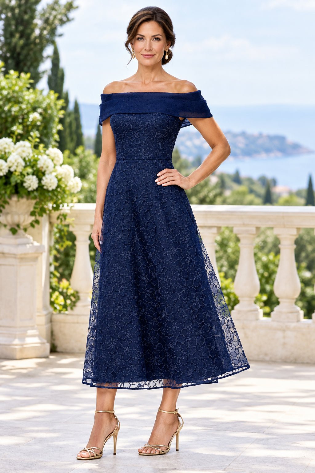 Off-the-Shoulder Floral Lace Midi Dress with Pockets