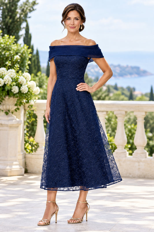 Off-the-Shoulder Floral Lace Midi Dress with Pockets