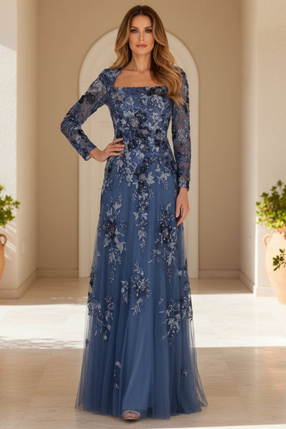 Floral Applique Long Sleeve Square Neck A-Line Gown