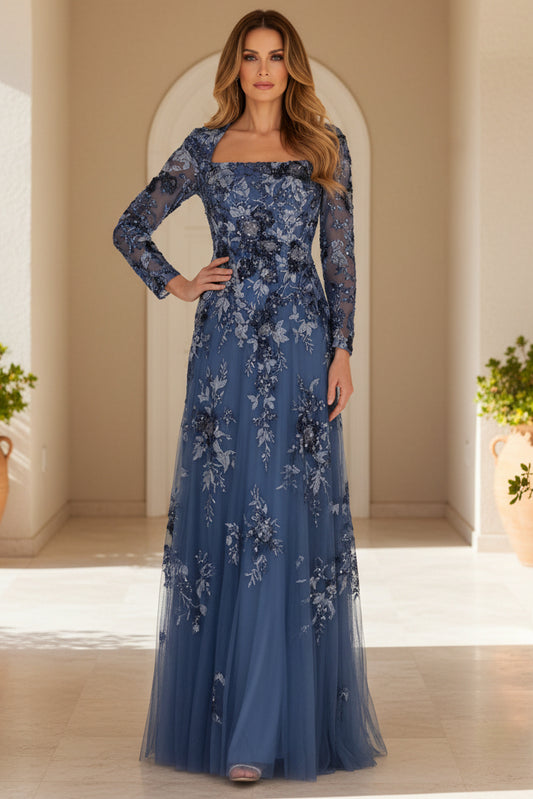 Floral Applique Long Sleeve Square Neck A-Line Gown
