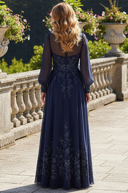 Embroidered Keyhole High-Neck Chiffon Gown