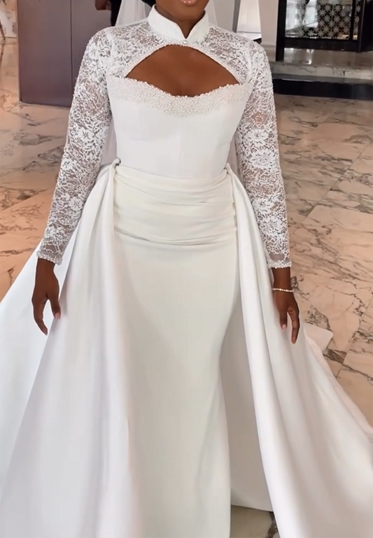 High Neck Lace Long Sleeve Wedding Dress with Overskirt