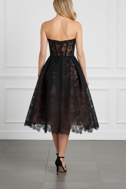 Black Lace Strapless Corset Midi Dress with Full A-Line Skirt