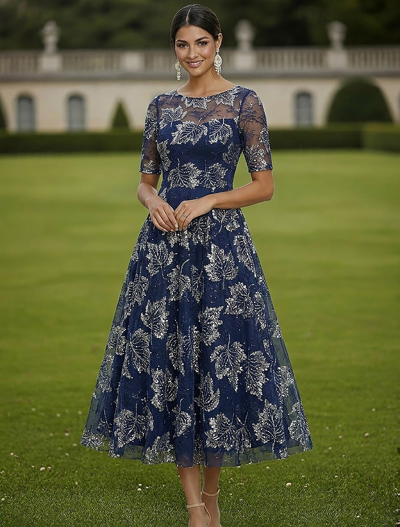 Sequin Leaf Illusion Tea-Length A-Line Dress