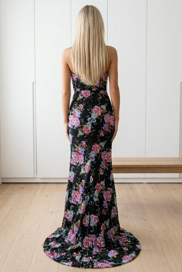 Floral Sequin Evening Gown with Slit