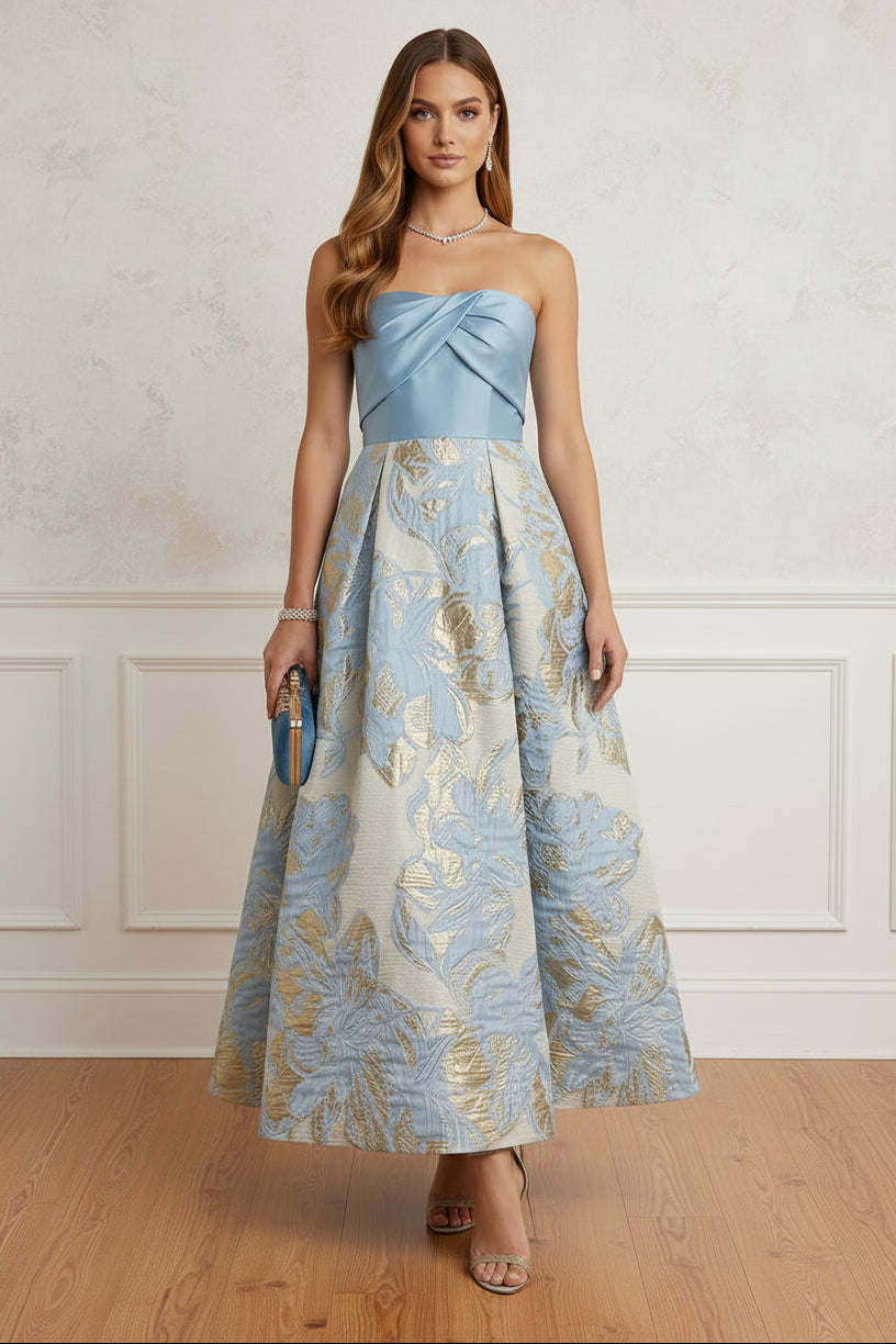 Strapless Metallic Jacquard A-Line Tea-Length Dress