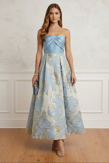 Strapless Metallic Jacquard A-Line Tea-Length Dress