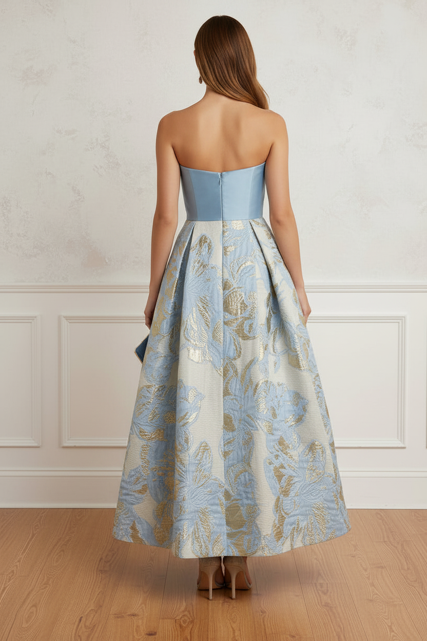 Strapless Metallic Jacquard A-Line Tea-Length Dress