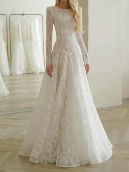 Lace Long Sleeve A-Line Wedding Dress with Bow Back