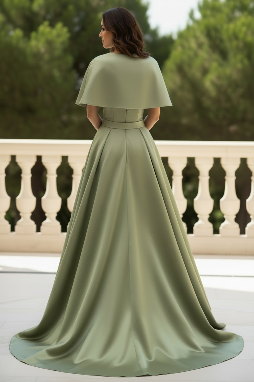 Cape Sleeve Satin A-Line Gown with Waist Belt
