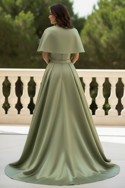 Cape Sleeve Satin A-Line Gown with Waist Belt