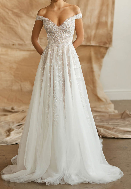 Off-the-Shoulder A-Line Tulle Wedding Dress