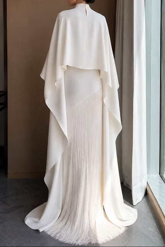 High-Neck Fringe Gown with Cape Overlay
