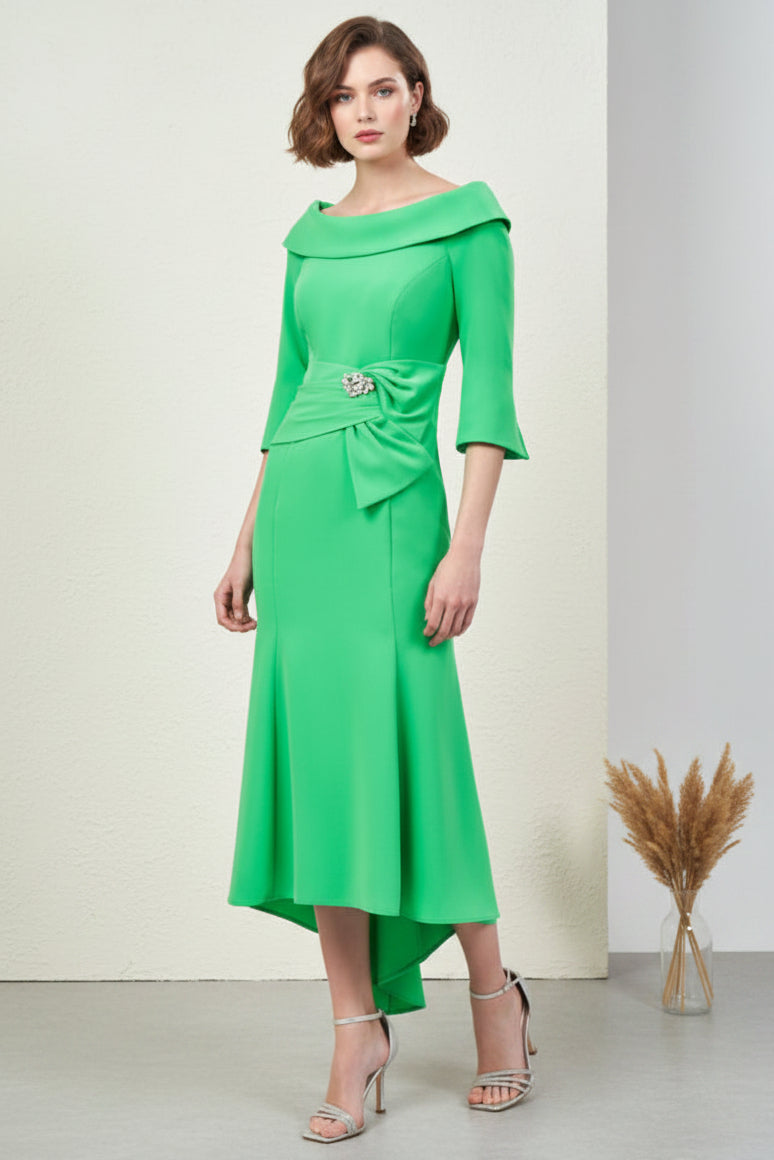 Elegant Off-Shoulder Midi Dress with Crystal Brooch