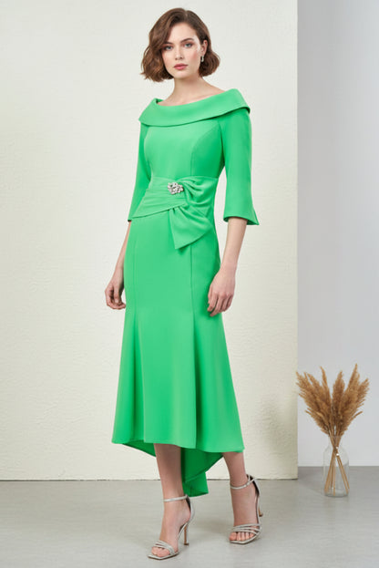 Elegant Off-Shoulder Midi Dress with Crystal Brooch